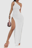 ホワイト セクシー ソリッド パッチワーク ハイオープニング オブリーク カラー ドレス