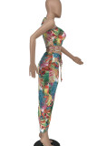 Multicolor Sexy Print Bandage Hollowed Out Patchwork Halter Sleeveless Two Pieces