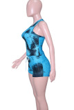 Blue Casual Print Patchwork O Neck Sleeveless Two Pieces