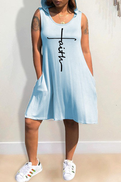 

Light Blue Fashion Casual Print Basic Hooded Collar Sleeveless Dress Dresses