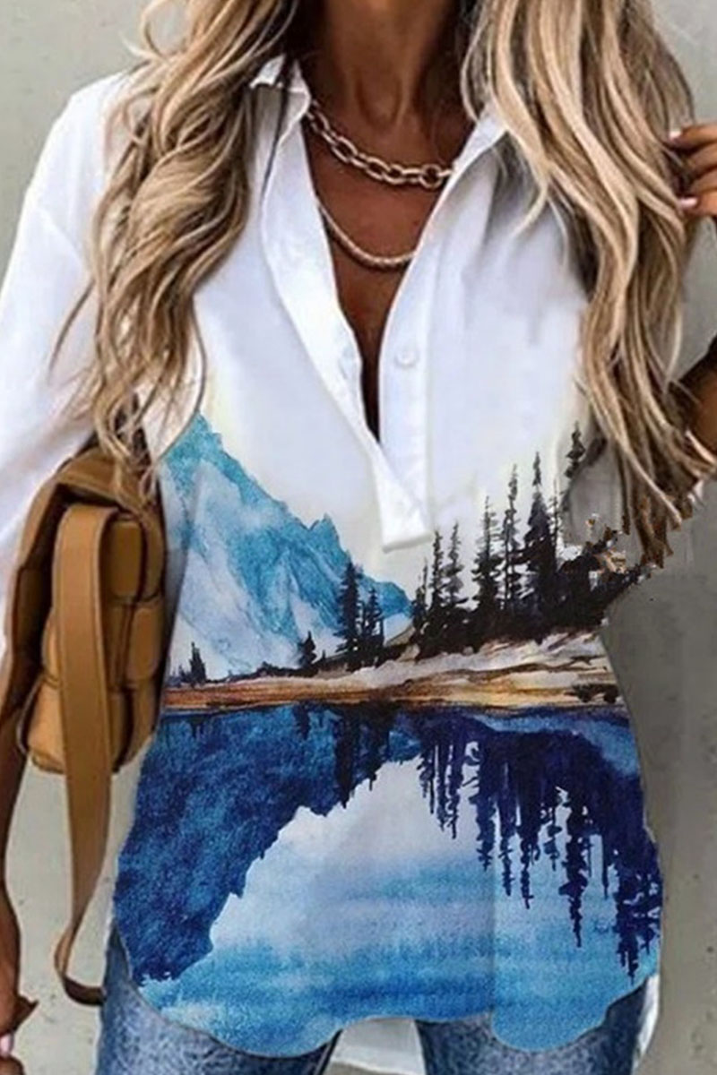 

White Blue Fashion Casual Printed Shirt