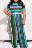 Jaune Fashion Casual Striped Print Basic Half A Turtleneck Plus Size Two Pieces