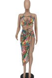 Multicolor Sexy Print Bandage Hollowed Out Patchwork Halter Sleeveless Two Pieces