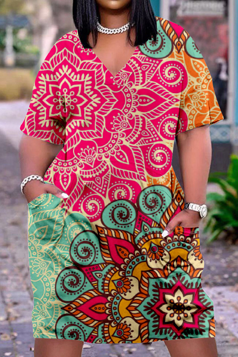 

Rose Red Fashion Casual Print Basic V Neck Short Sleeve Dress