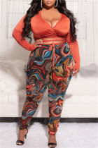 Red Fashion Casual Print Bandage V-Ausschnitt Plus Size Two Pieces