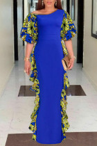 Синее модное повседневное длинное платье с косым воротником и принтом больших размеров в стиле пэчворк