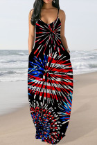 Black Red Fashion Sexy Flag Star Print Backless Spaghetti Strap Long Loose Cami Maxi Dress