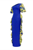 Vestido largo con cuello oblicuo y estampado de talla grande informal de moda azul