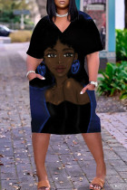 Синее черное модное повседневное платье с принтом и коротким рукавом с v-образным вырезом