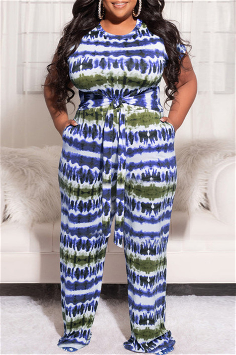 

Blue Fashion Casual Print Bandage O Neck Plus Size Two Pieces