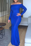 ブルーのエレガントなソリッドパッチワークスリットオフショルダーイブニングドレスドレス