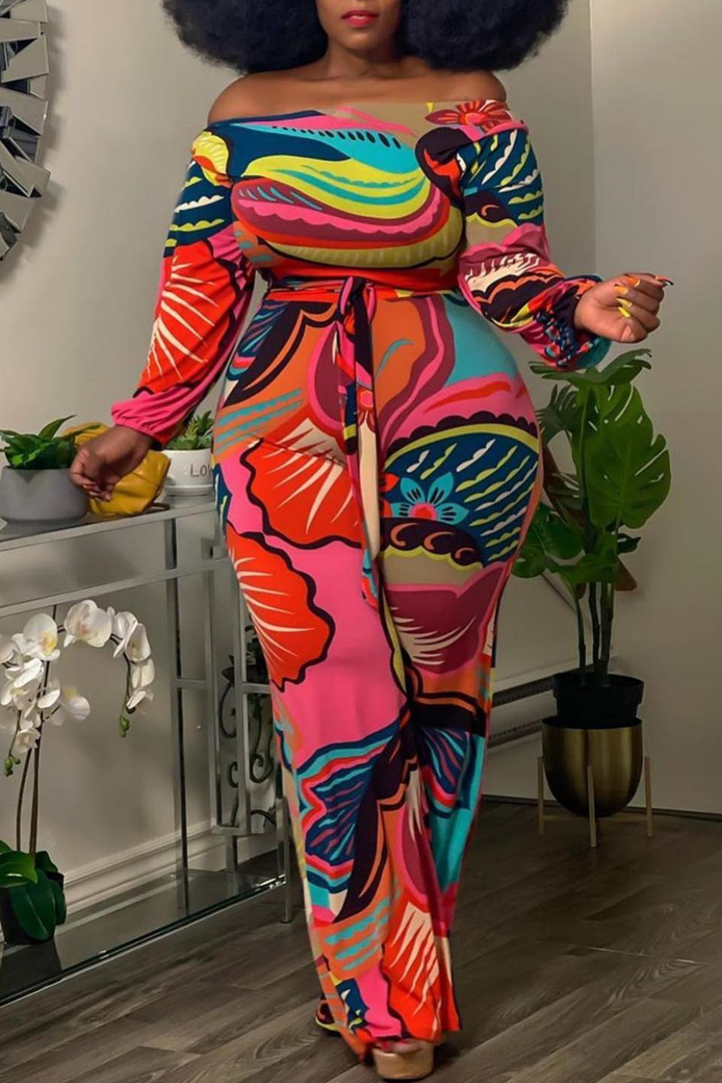 

Multicolor Fashion Casual Print With Belt O Neck Plus Size Jumpsuits