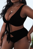Schwarze, sexy, solide, ausgehöhlte, rückenfreie Badebekleidung mit V-Ausschnitt in Übergröße