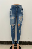 Blue Fashion Casual Solid Ripped High Waist Skinny Denim Jeans