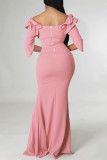 Pink Fashion Sexy Solid Patchwork Schlitz aus dem Schulter-Abendkleid