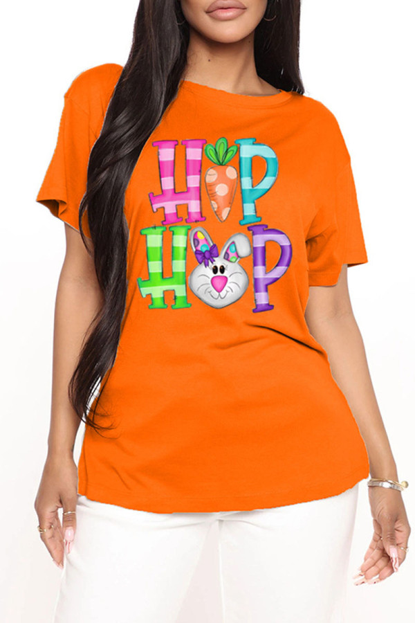 Orange Fashion Casual Print Basic T-Shirts mit O-Ausschnitt
