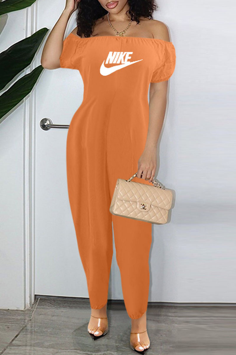 

Orange Fashion Casual Print Letter Off the Shoulder Jumpsuits