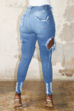 Jean skinny en denim taille haute déchiré à la mode bleu