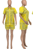 Yellow Casual Print Patchwork Buckle Turndown Collar Short Sleeve Two Pieces