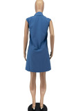 Light Blue Casual Solid Patchwork Buckle Turndown Collar Dresses(Without Belt)