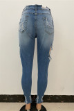 Blauwe mode casual effen gescheurde skinny jeans met hoge taille
