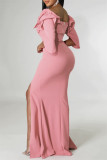 Pink Fashion Sexy Solid Patchwork Slit Off the Shoulder Evening Dress