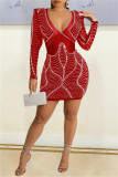 Red Fashion Sexy Patchwork Hot Drilling See-through V Neck Long Sleeve Dresses