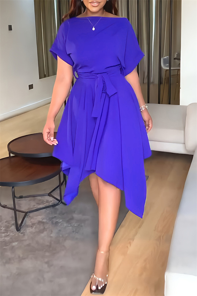 

Blue Fashion Casual Solid Split Joint Asymmetrical O Neck Short Sleeve Dress