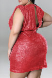 Rote Mode Sexy Plus Size Patchwork Pailletten rückenfreies ärmelloses Kleid mit V-Ausschnitt