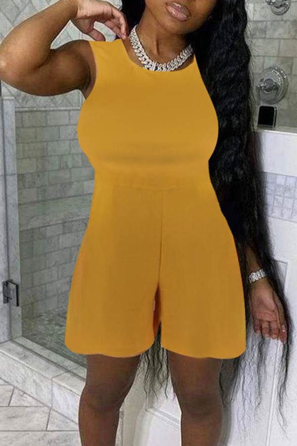 Yellow Fashion Casual Solid Basic O Neck Regular Rompers