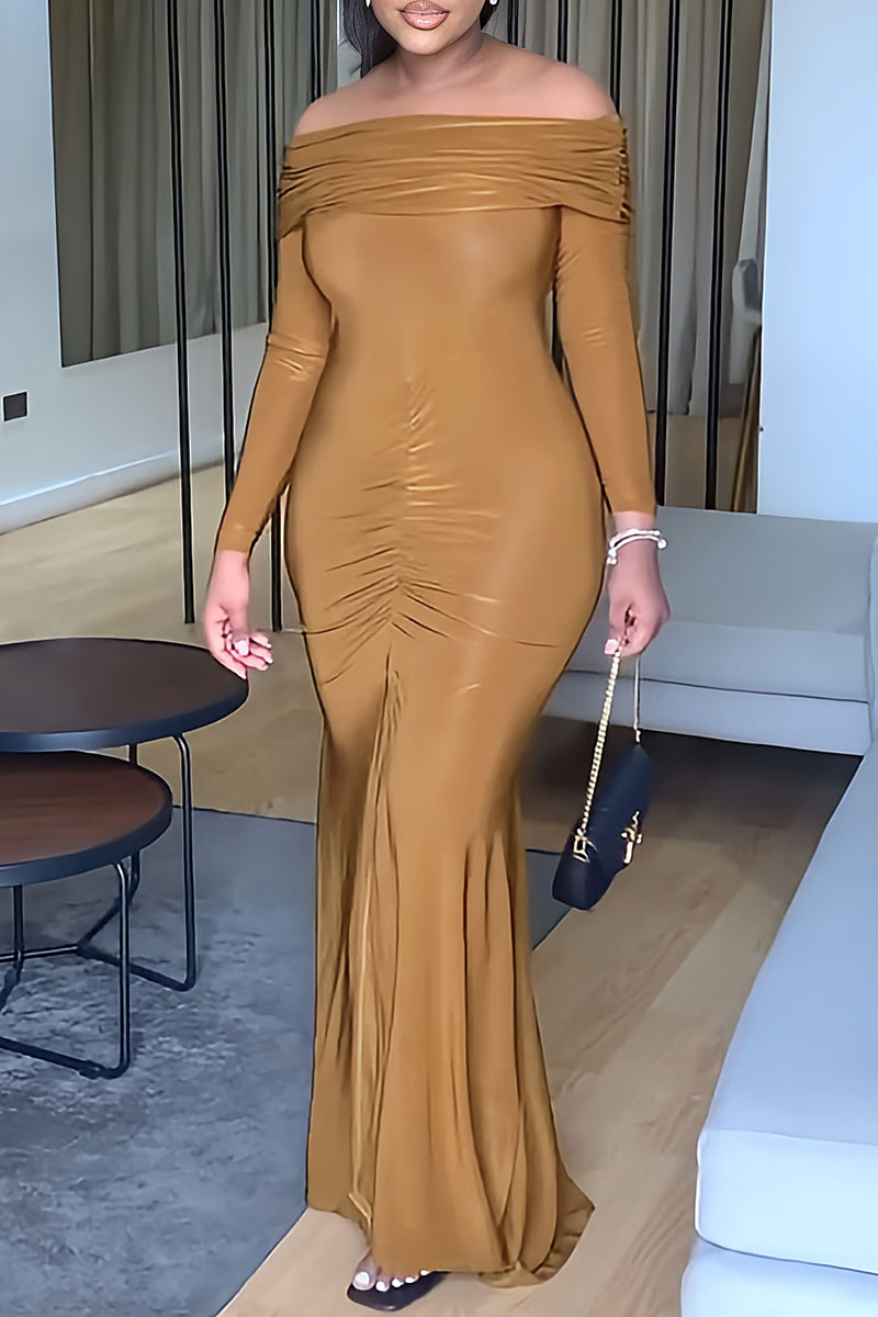 

Brown Elegant Solid Split Joint Slit Off the Shoulder Evening Dress Dresses