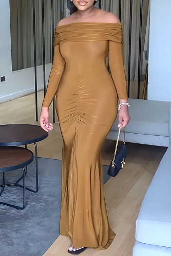 Brown Elegant Solid Patchwork Slit Off the Shoulder Evening Dress Dresses