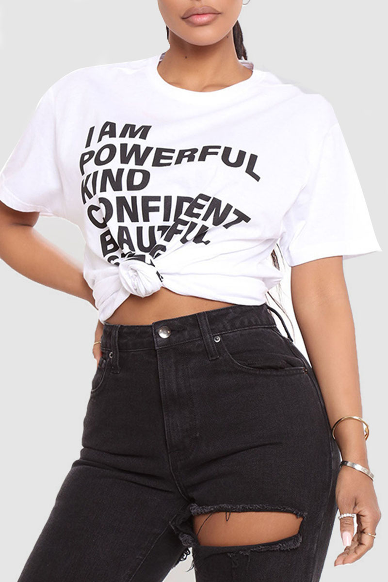 

White Casual Letter Print Split Joint O Neck T-Shirts