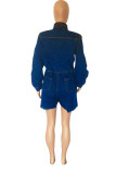 Indigo Casual Elegant Solid Patchwork Buckle Straight Rompers