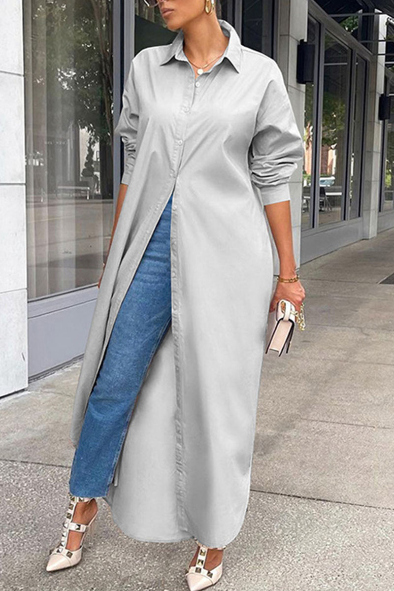 

Grey Casual Solid Split Joint Buckle Turndown Collar Tops