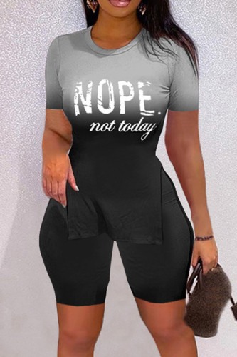 Black Fashion Casual Print Slit O Neck Short Sleeve Two Pieces
