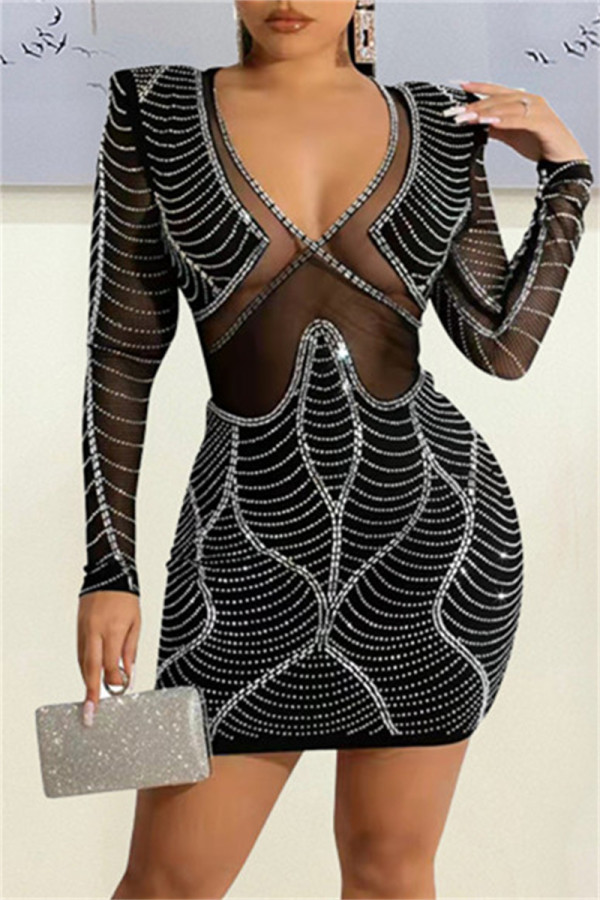 Svart Mode Sexigt Patchwork Hot Drilling Genomskinlig V-hals långärmade klänningar