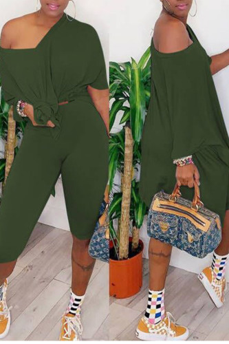 Green Casual Solid Patchwork V Neck Short Sleeve Two Pieces