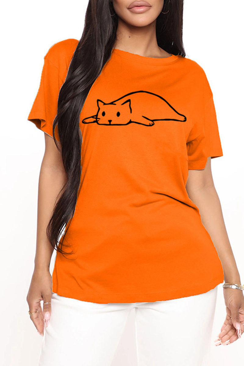 

Orange Fashion Casual Print Basic O Neck T-Shirts