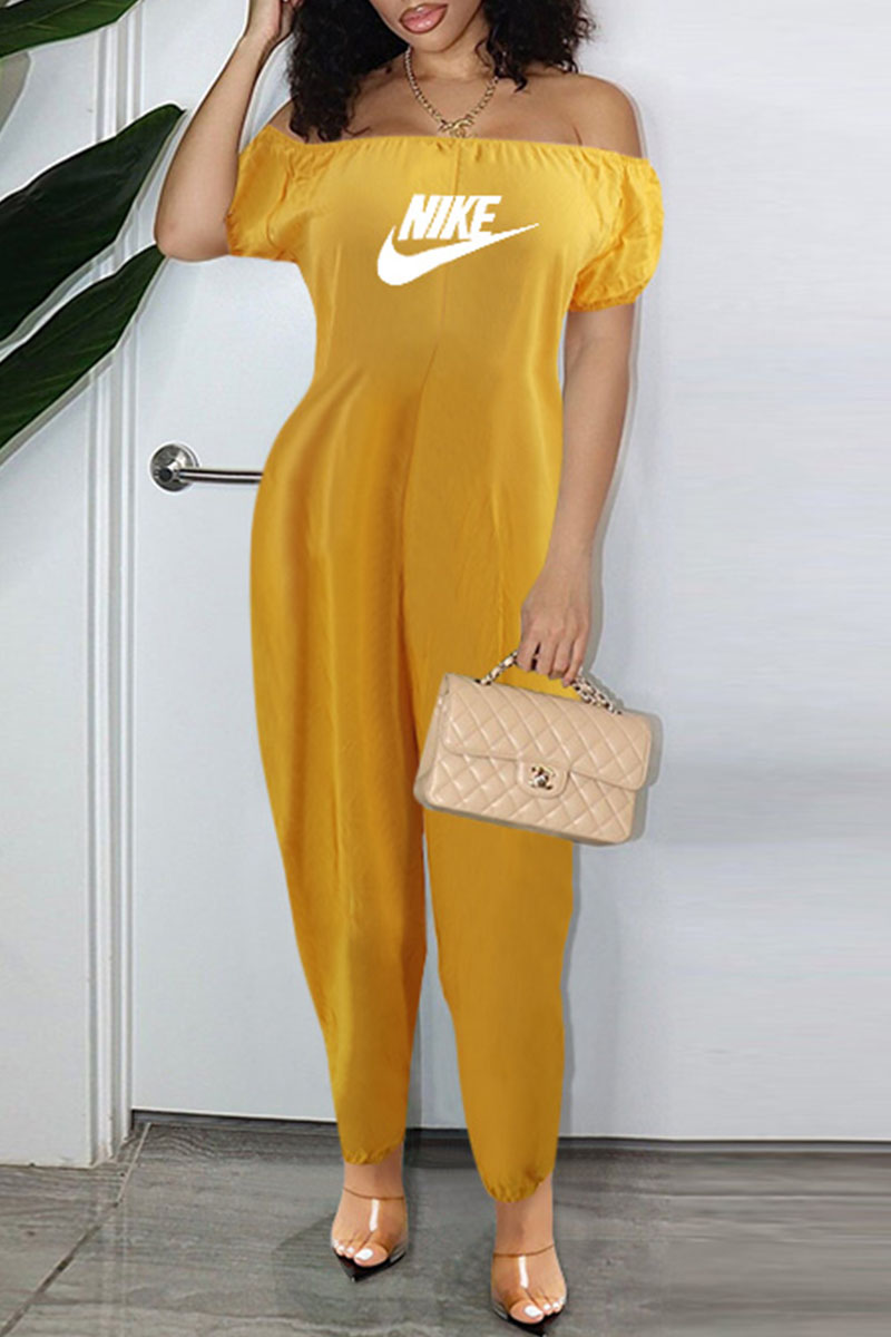 

Yellow Fashion Casual Print Letter Off the Shoulder Jumpsuits