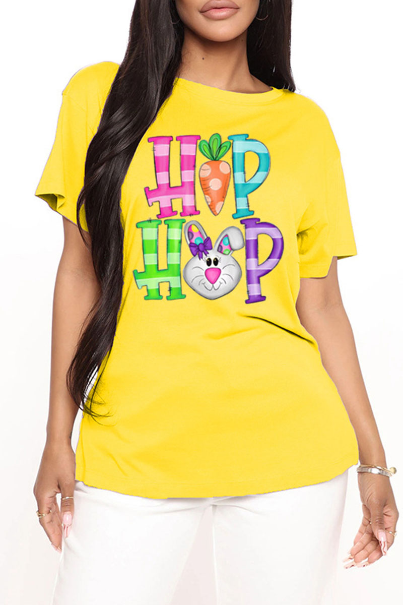 

Yellow Fashion Casual Print Basic O Neck T-Shirts