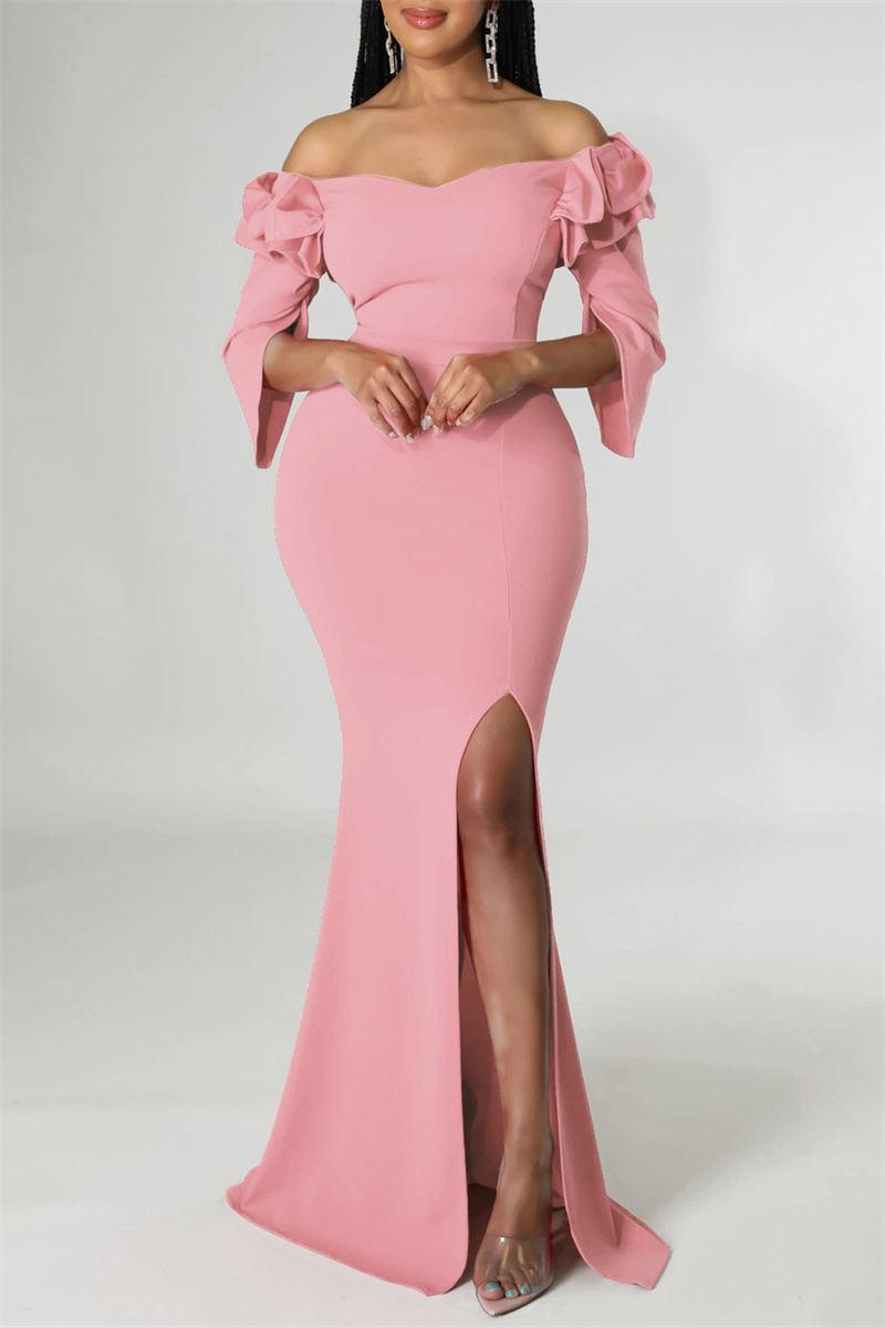 

Pink Fashion Sexy Solid Split Joint Slit Off the Shoulder Evening Dress