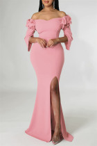 Розовое модное сексуальное твердое лоскутное вечернее платье с разрезом на плече