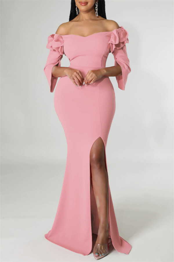 Vestido de noche con hombros descubiertos y abertura en el remiendo sólido sexy de moda rosa