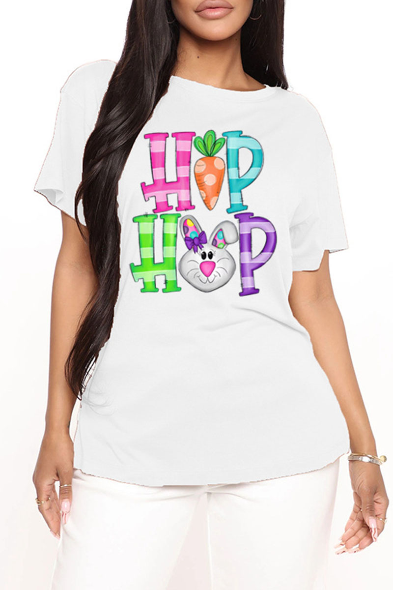 

White Fashion Casual Print Basic O Neck T-Shirts