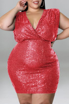 Red Fashion Sexy Plus Size Patchwork Pailletten Backless V-hals Mouwloze Jurk