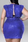 Vestido azul moda sexy plus size patchwork lantejoulas sem costas decote em V sem mangas