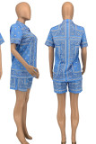 Light Blue Casual Print Patchwork Buckle Turndown Collar Short Sleeve Two Pieces