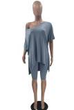 Light Blue Casual Solid Patchwork V Neck Short Sleeve Two Pieces
