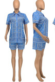 Light Blue Casual Print Patchwork Buckle Turndown Collar Short Sleeve Two Pieces